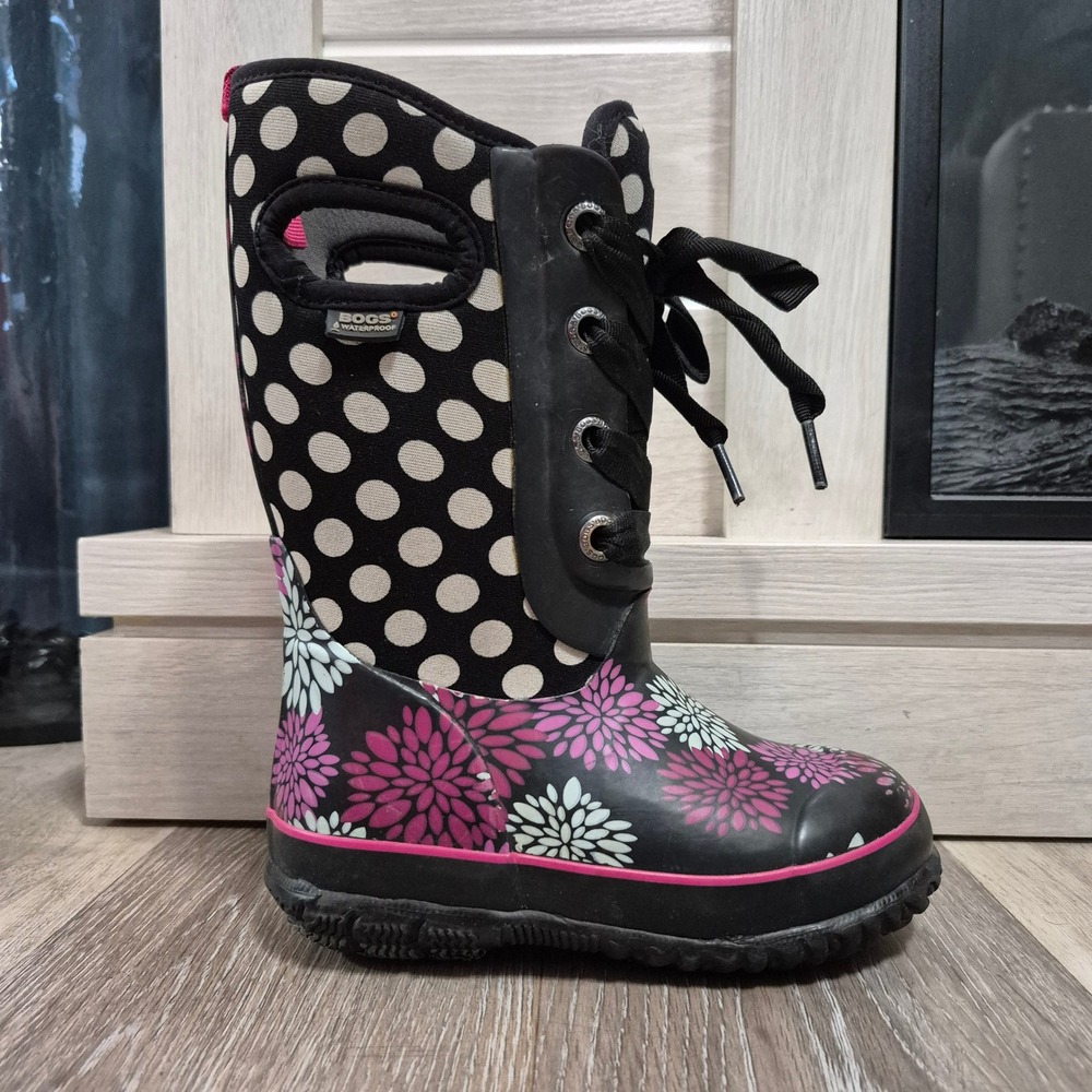 Bogs Kids Waterproof Rain Boots Floral Polka Dot Black Pink Sz 11